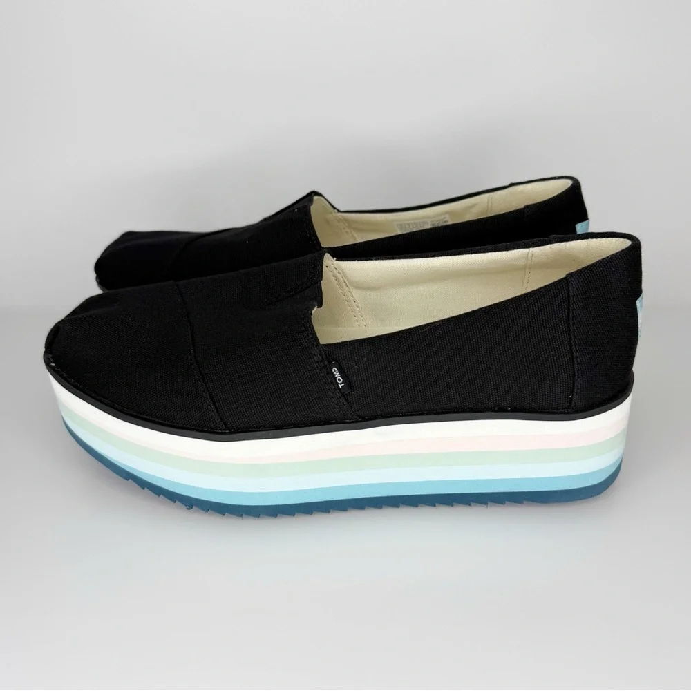 Toms Black, Blue & White Stripe Platform Slip On Shoes Women’s Size 10